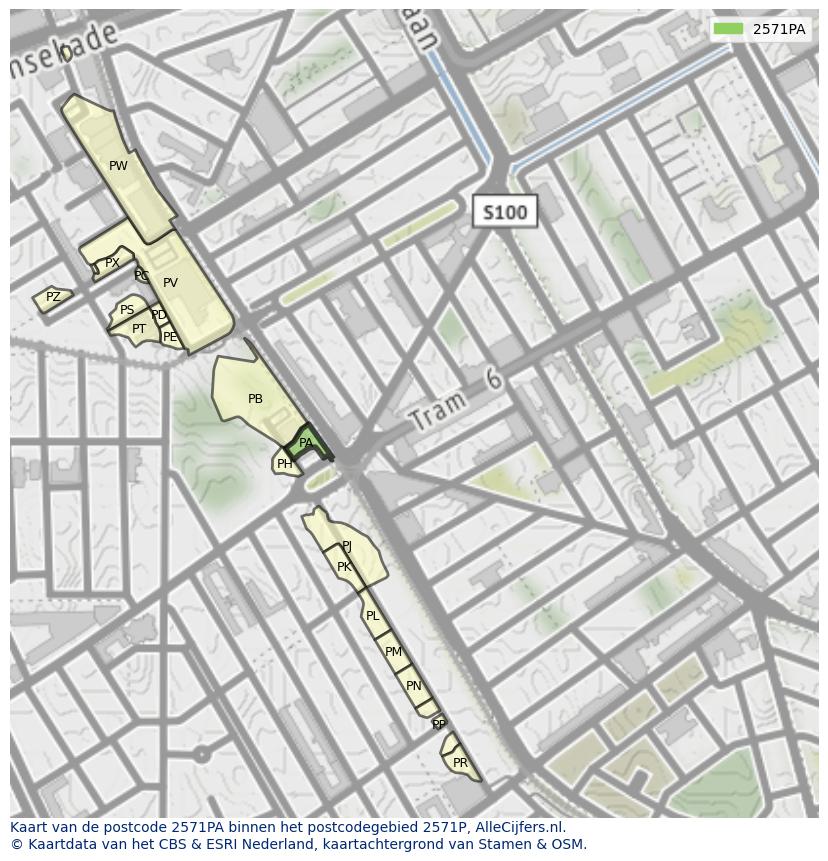 Afbeelding van het postcodegebied 2571 PA op de kaart.