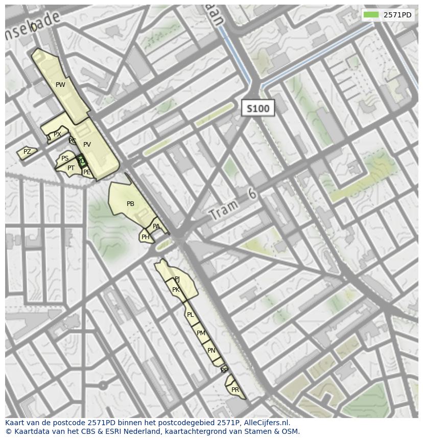 Afbeelding van het postcodegebied 2571 PD op de kaart.