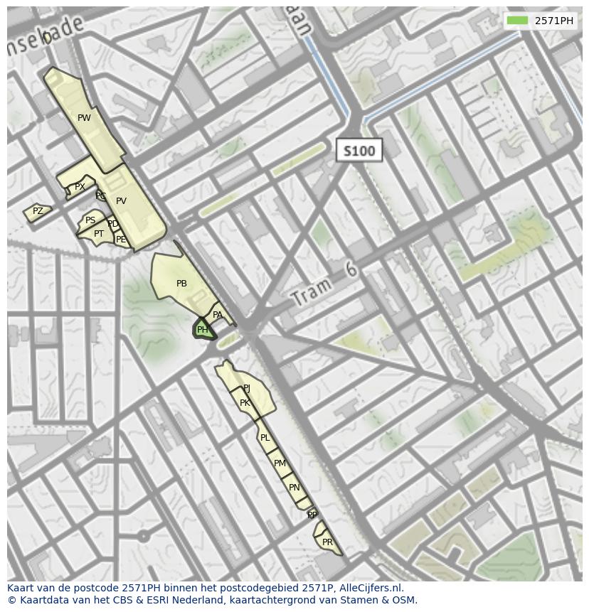 Afbeelding van het postcodegebied 2571 PH op de kaart.