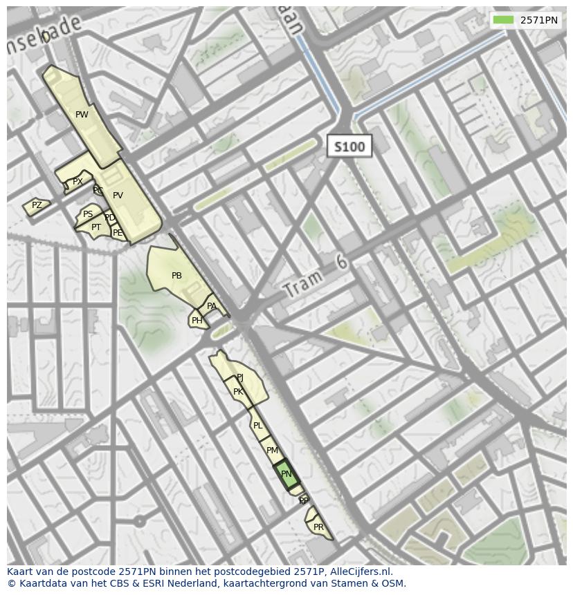 Afbeelding van het postcodegebied 2571 PN op de kaart.