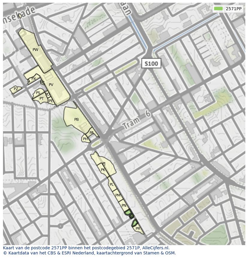 Afbeelding van het postcodegebied 2571 PP op de kaart.