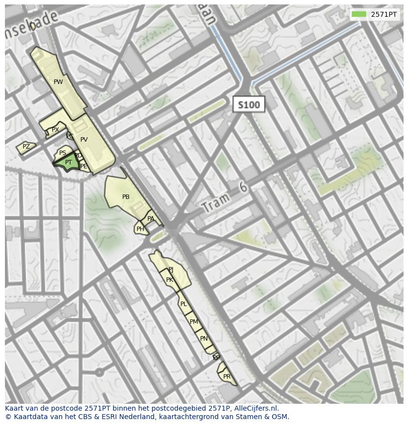 Afbeelding van het postcodegebied 2571 PT op de kaart.