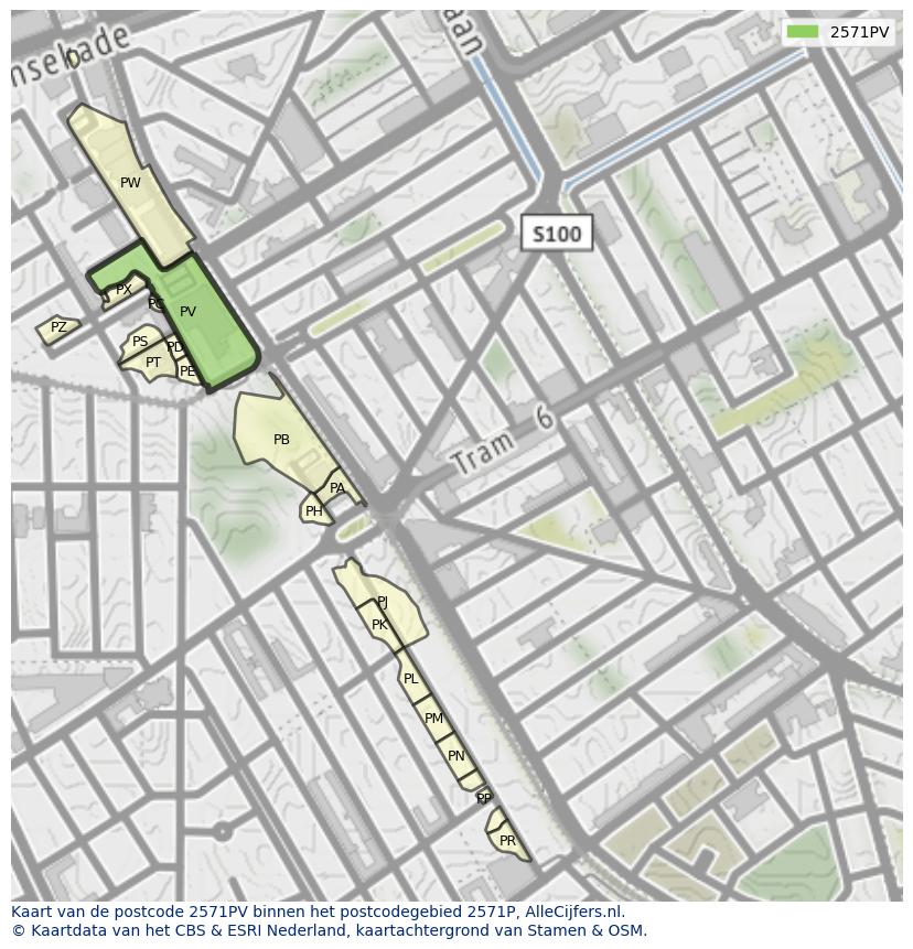 Afbeelding van het postcodegebied 2571 PV op de kaart.