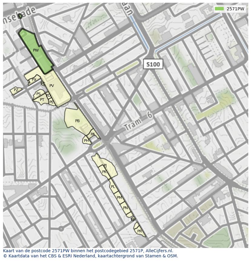 Afbeelding van het postcodegebied 2571 PW op de kaart.