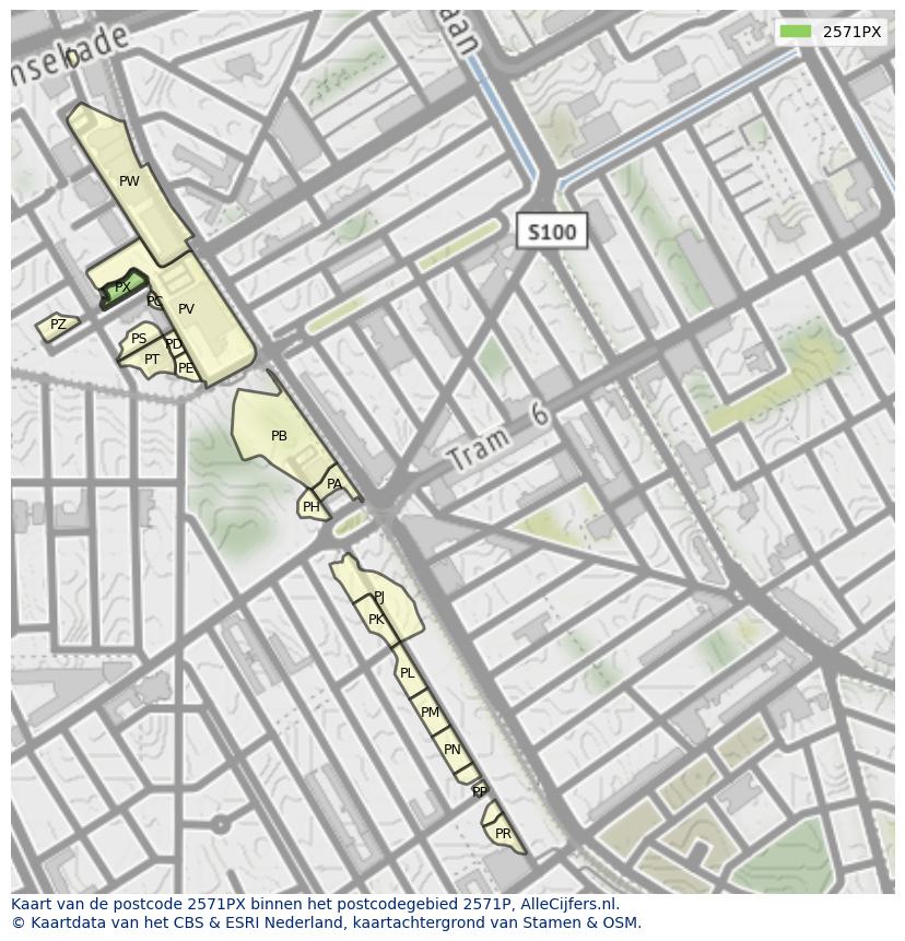 Afbeelding van het postcodegebied 2571 PX op de kaart.
