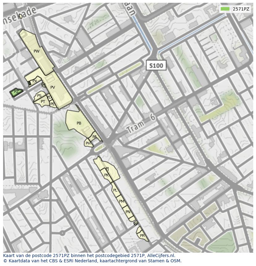 Afbeelding van het postcodegebied 2571 PZ op de kaart.