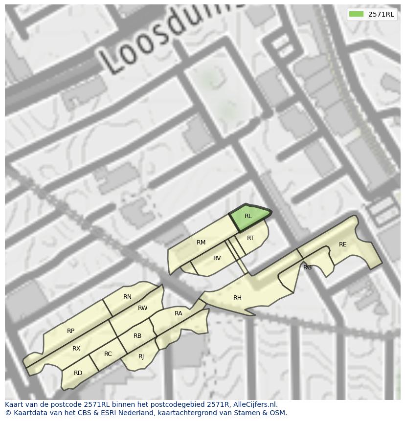 Afbeelding van het postcodegebied 2571 RL op de kaart.