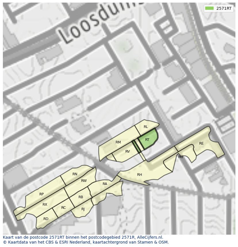 Afbeelding van het postcodegebied 2571 RT op de kaart.