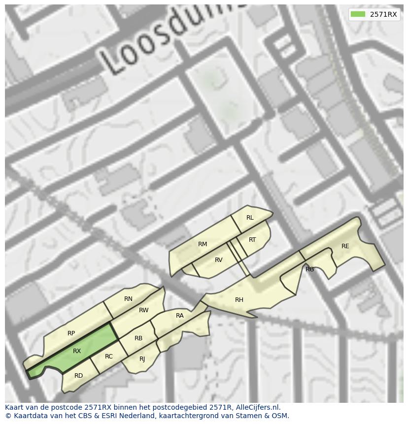 Afbeelding van het postcodegebied 2571 RX op de kaart.