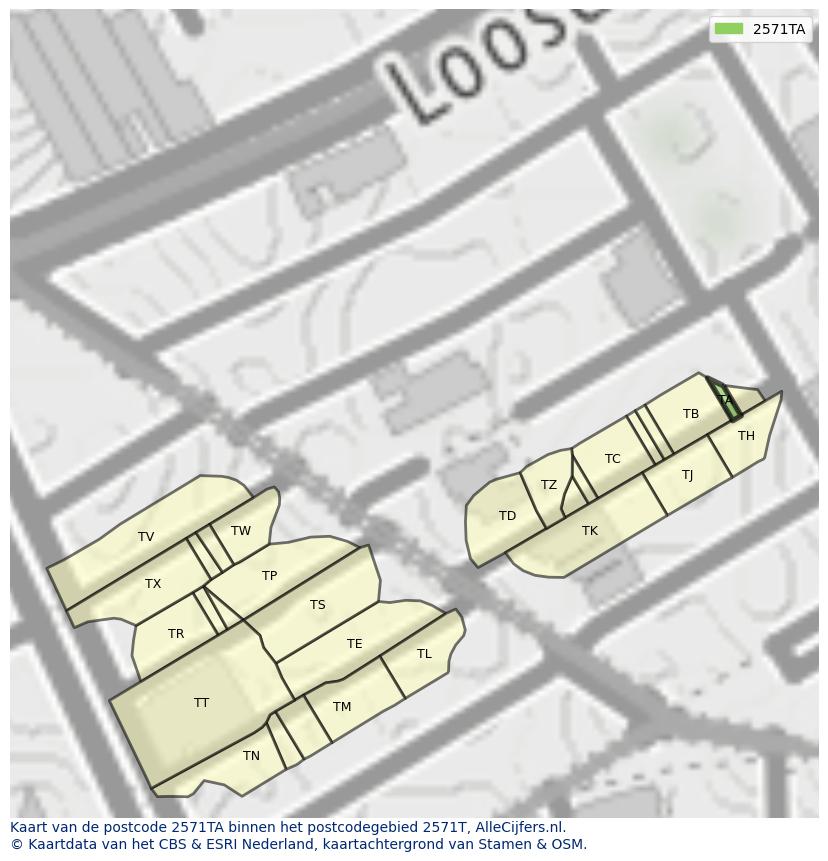 Afbeelding van het postcodegebied 2571 TA op de kaart.
