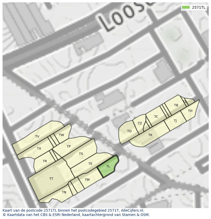 Afbeelding van het postcodegebied 2571 TL op de kaart.