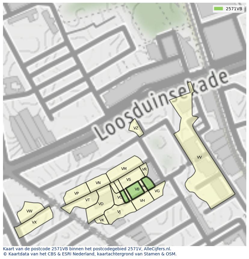 Afbeelding van het postcodegebied 2571 VB op de kaart.