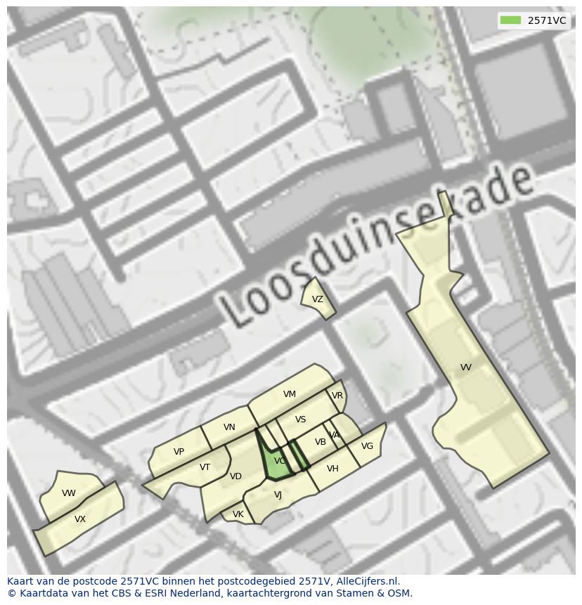 Afbeelding van het postcodegebied 2571 VC op de kaart.