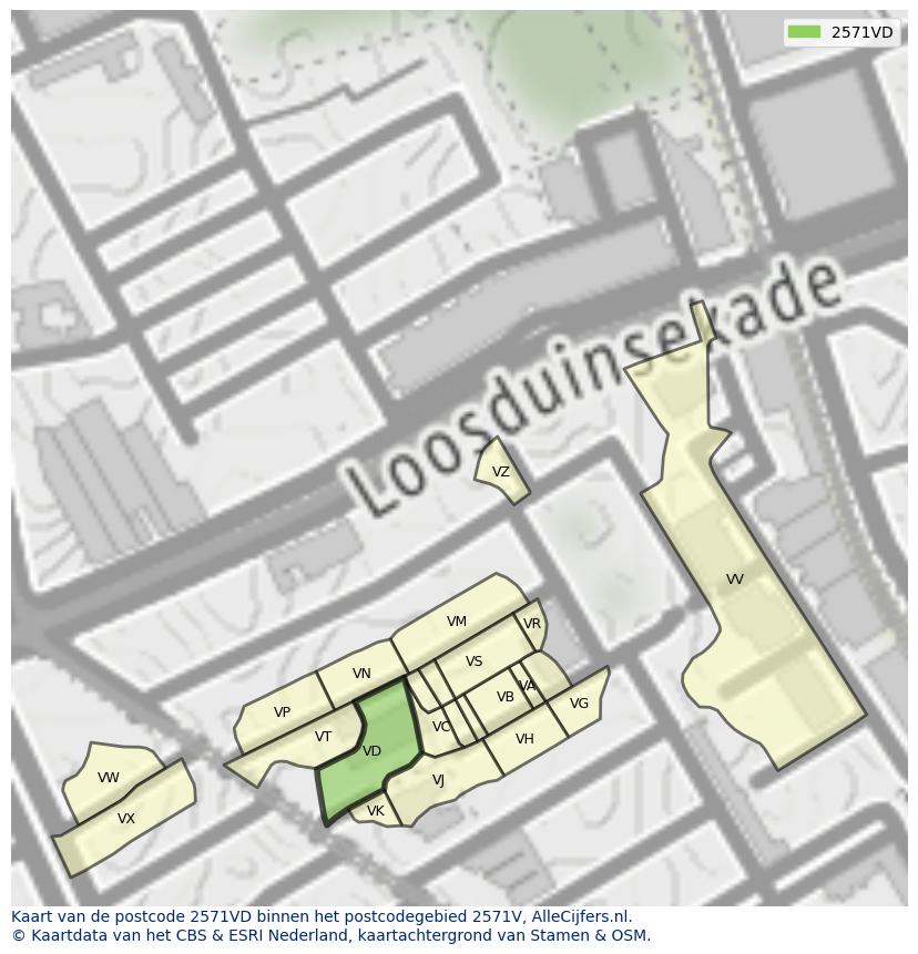 Afbeelding van het postcodegebied 2571 VD op de kaart.