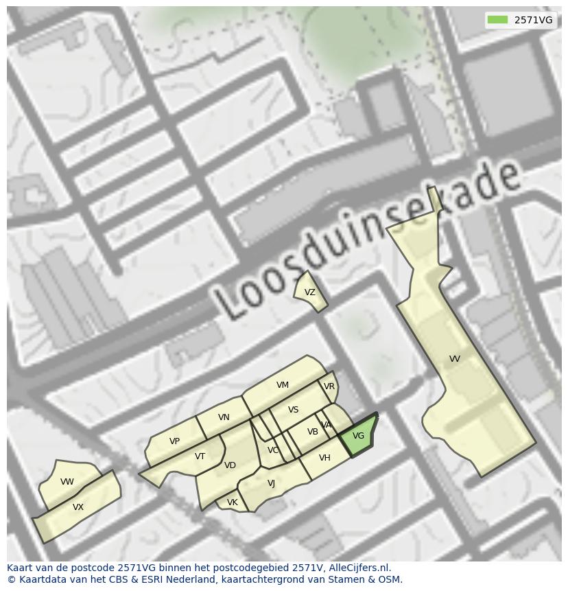 Afbeelding van het postcodegebied 2571 VG op de kaart.