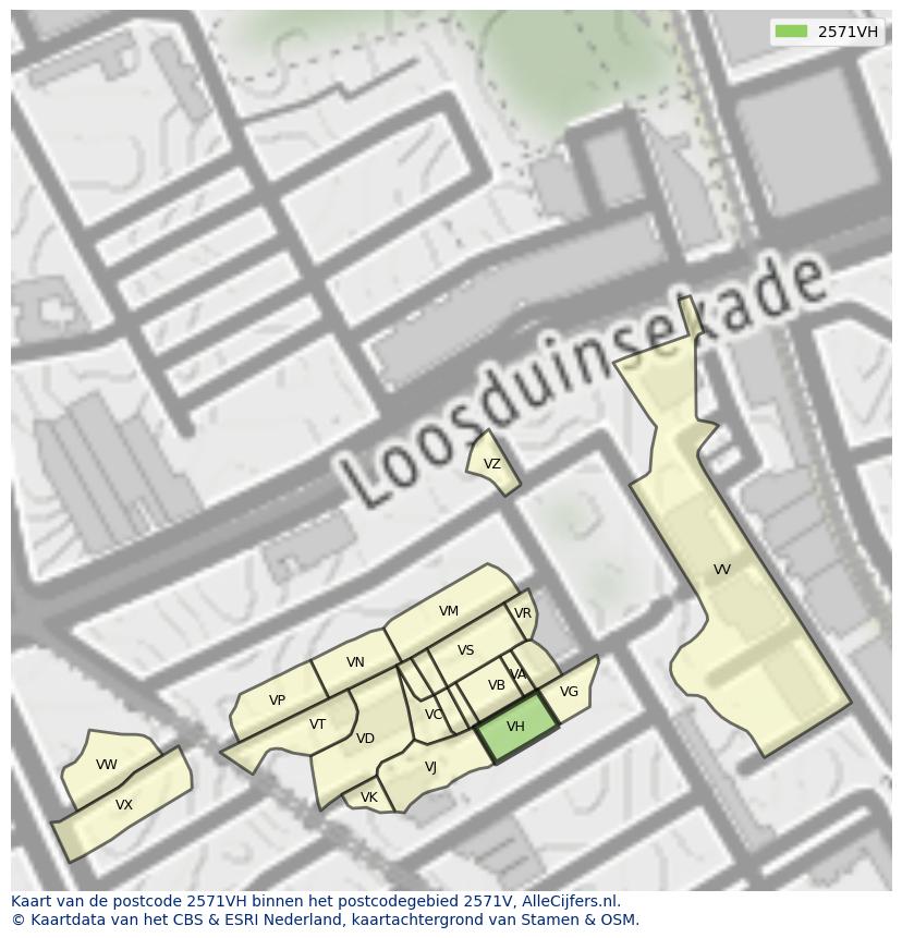 Afbeelding van het postcodegebied 2571 VH op de kaart.