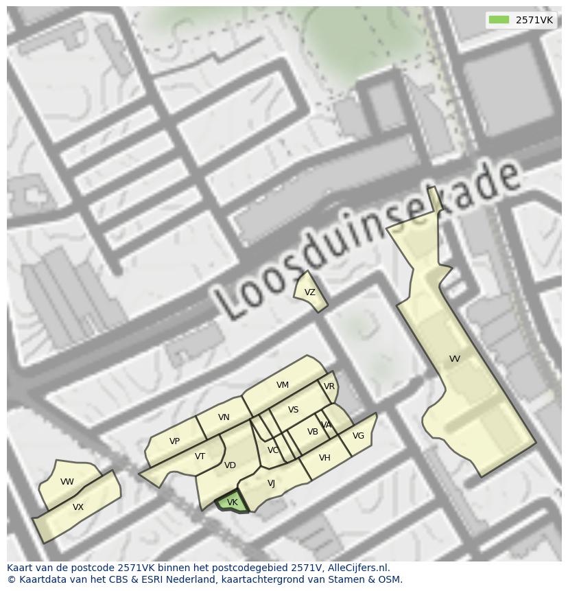 Afbeelding van het postcodegebied 2571 VK op de kaart.