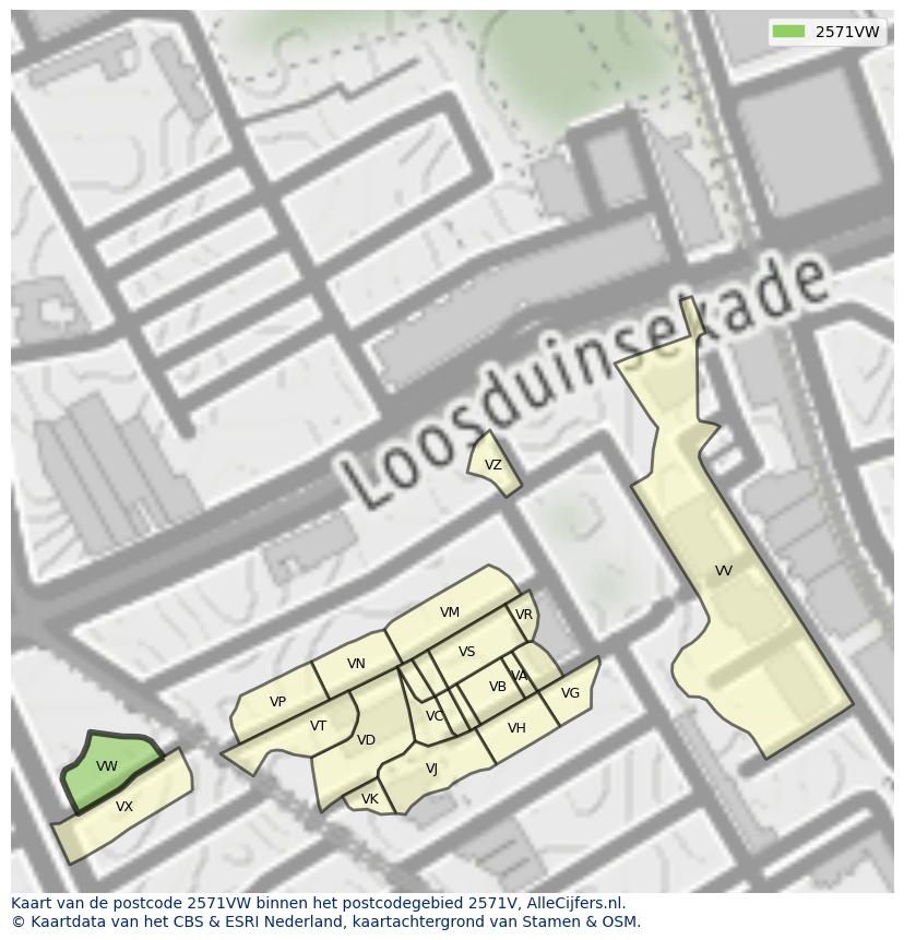 Afbeelding van het postcodegebied 2571 VW op de kaart.