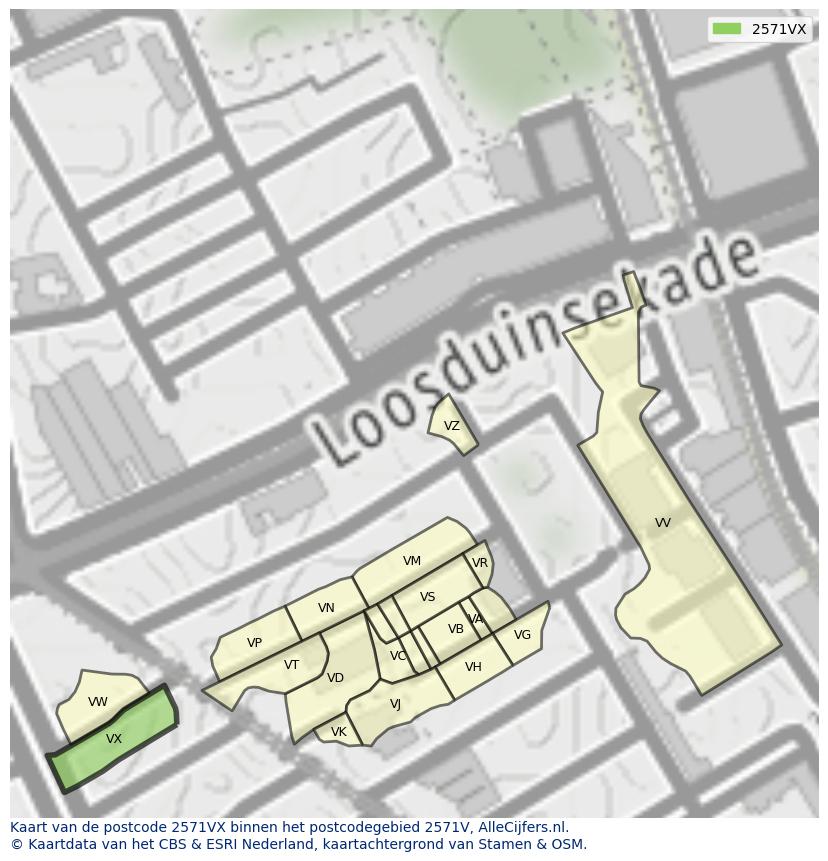 Afbeelding van het postcodegebied 2571 VX op de kaart.