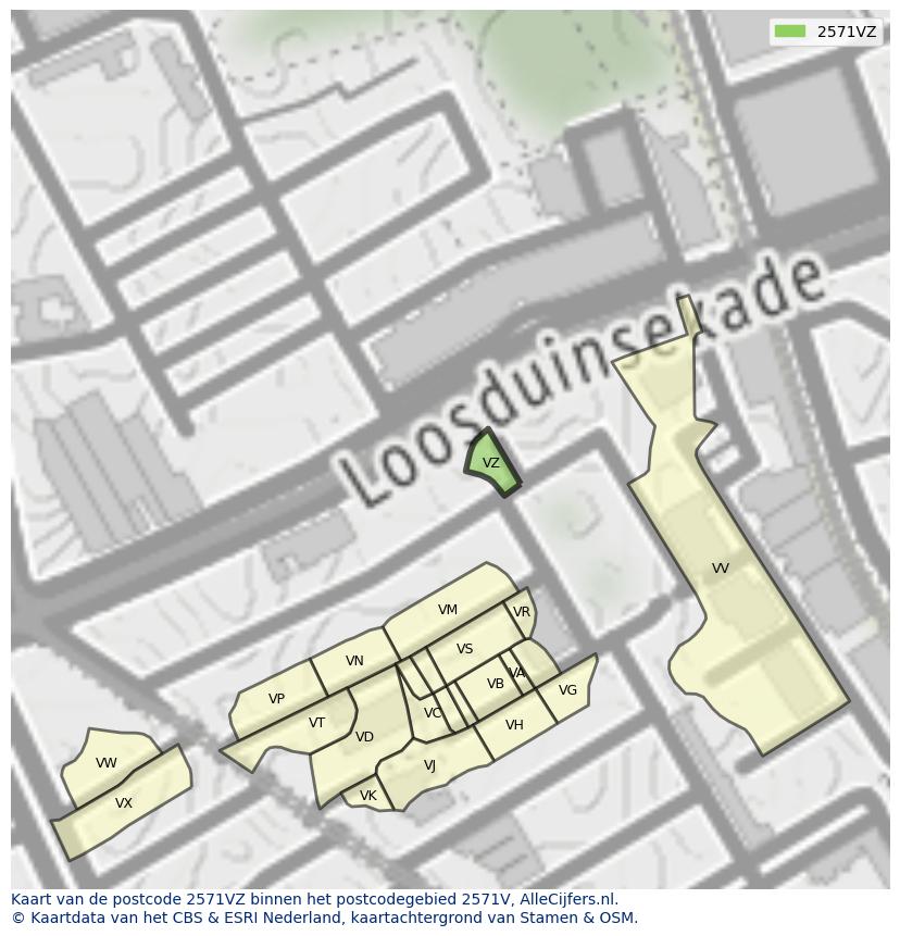 Afbeelding van het postcodegebied 2571 VZ op de kaart.