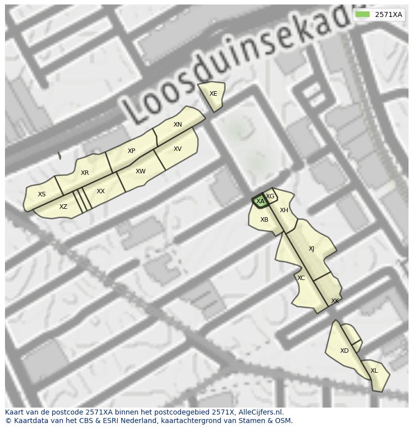 Afbeelding van het postcodegebied 2571 XA op de kaart.