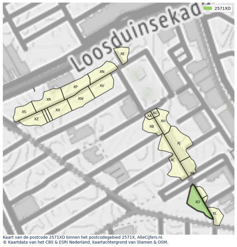 Afbeelding van het postcodegebied 2571 XD op de kaart.