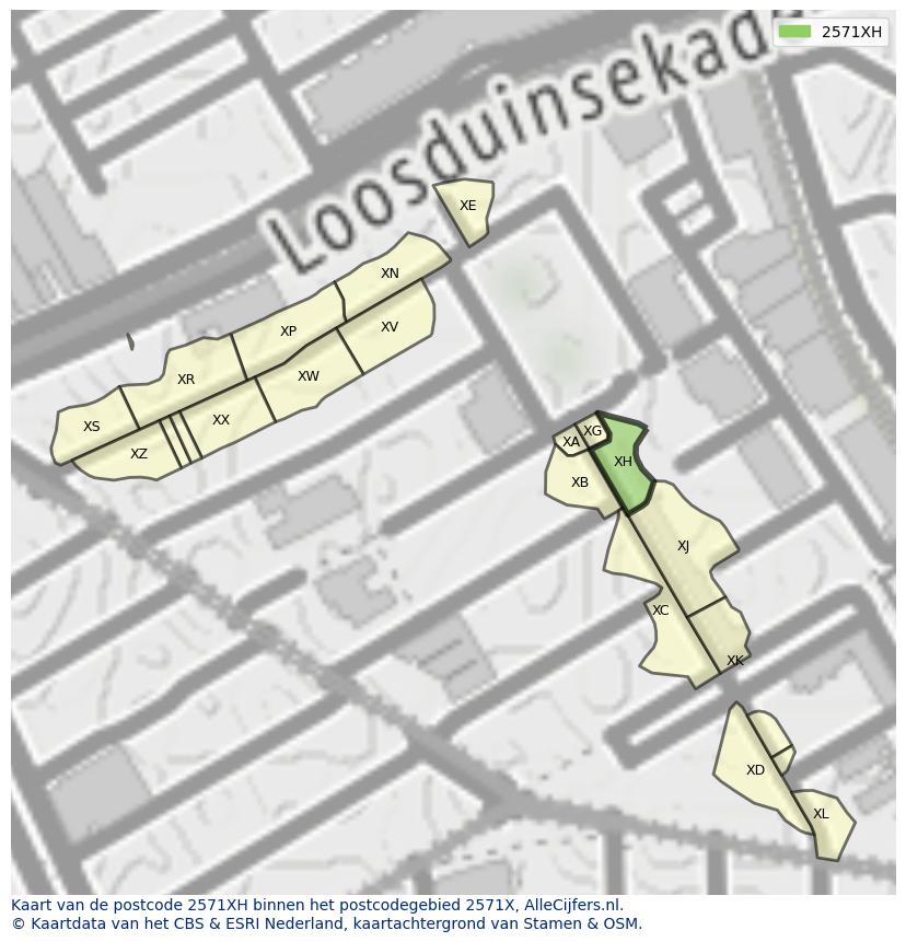 Afbeelding van het postcodegebied 2571 XH op de kaart.