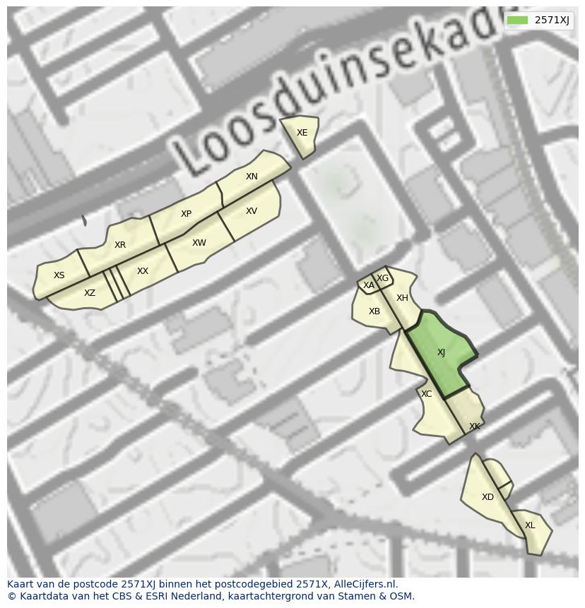 Afbeelding van het postcodegebied 2571 XJ op de kaart.