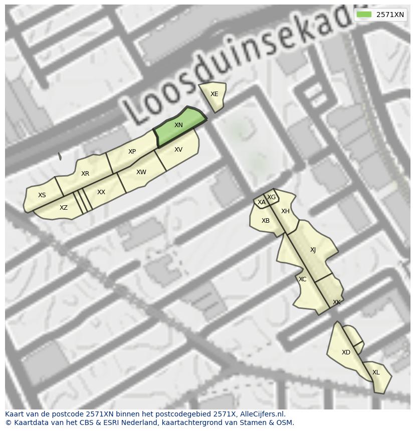 Afbeelding van het postcodegebied 2571 XN op de kaart.