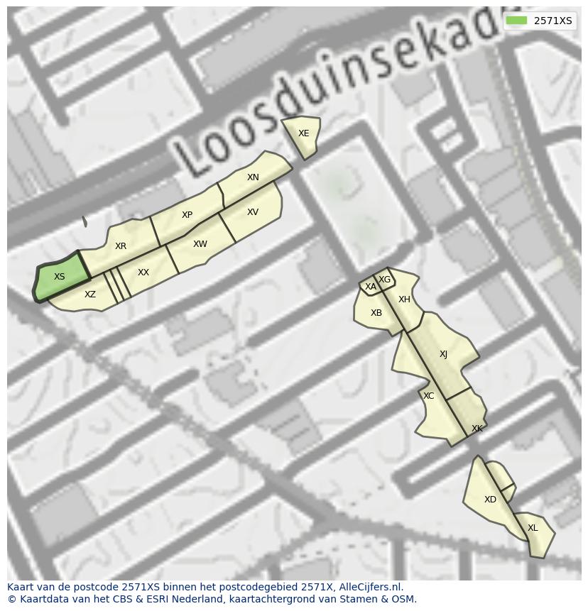 Afbeelding van het postcodegebied 2571 XS op de kaart.
