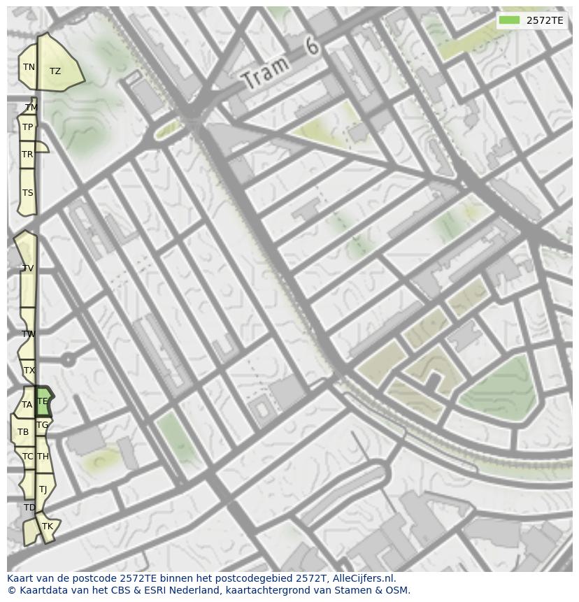 Afbeelding van het postcodegebied 2572 TE op de kaart.
