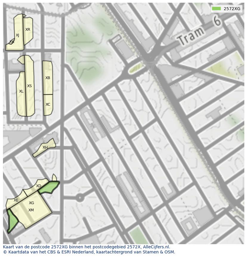 Afbeelding van het postcodegebied 2572 XG op de kaart.