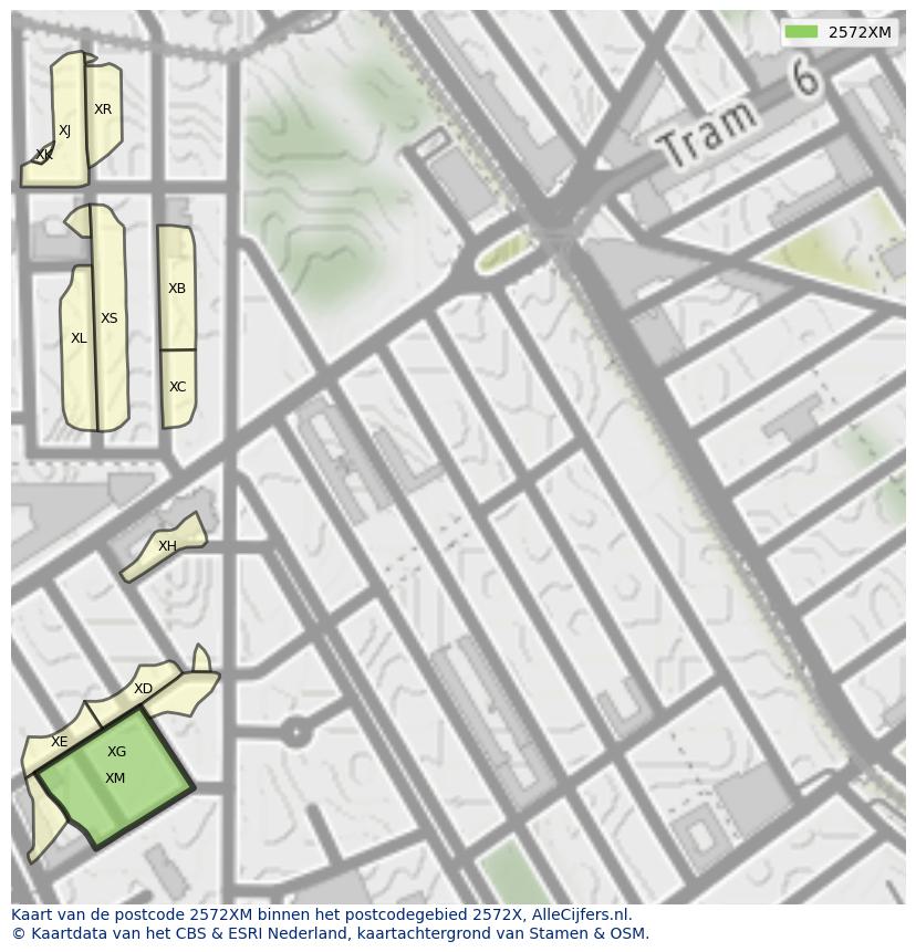 Afbeelding van het postcodegebied 2572 XM op de kaart.