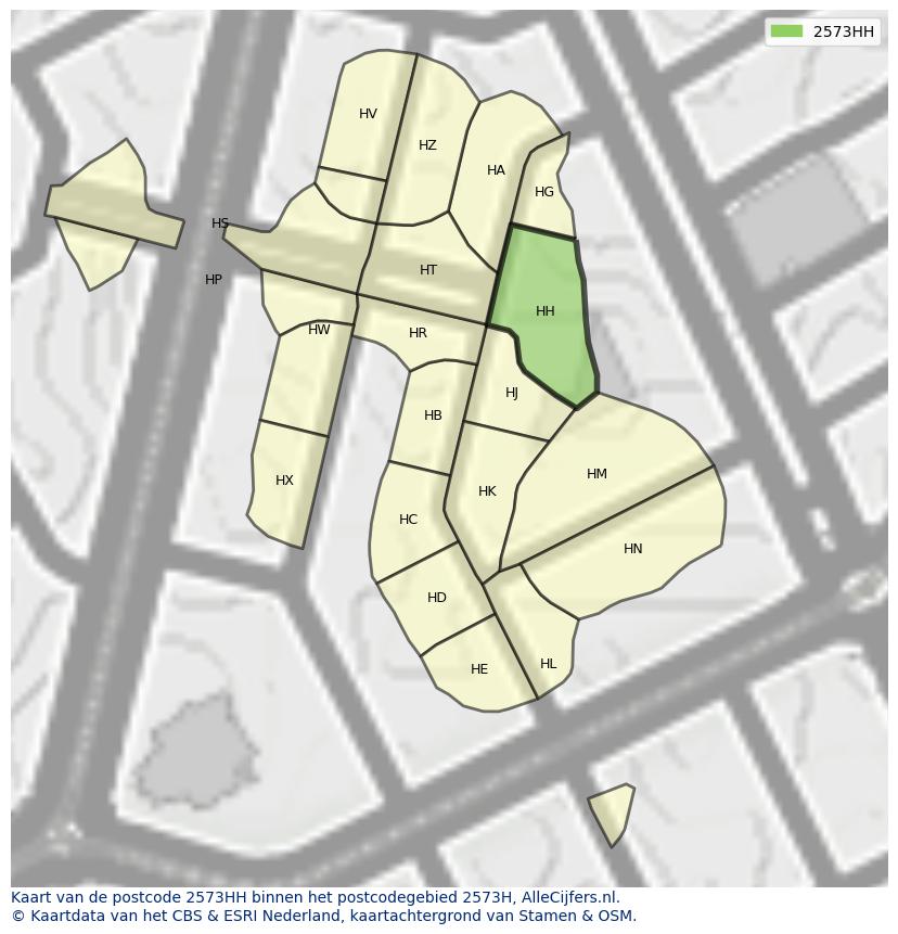 Afbeelding van het postcodegebied 2573 HH op de kaart.
