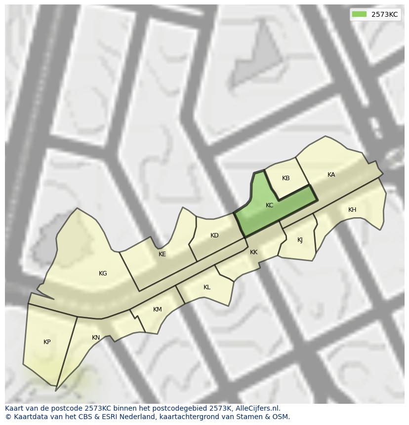 Afbeelding van het postcodegebied 2573 KC op de kaart.