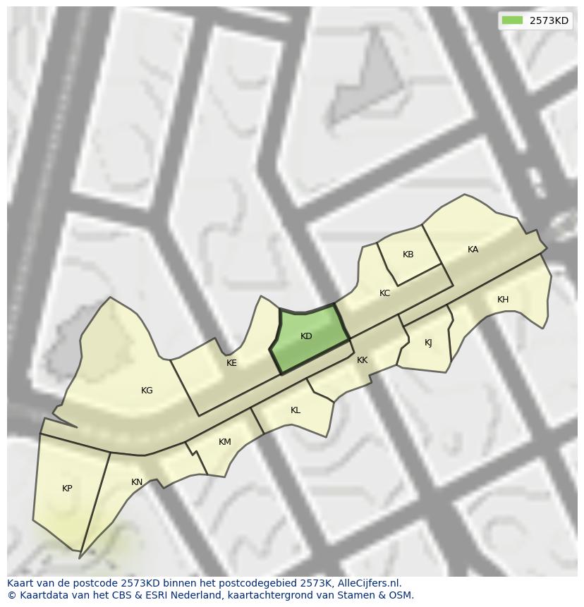 Afbeelding van het postcodegebied 2573 KD op de kaart.