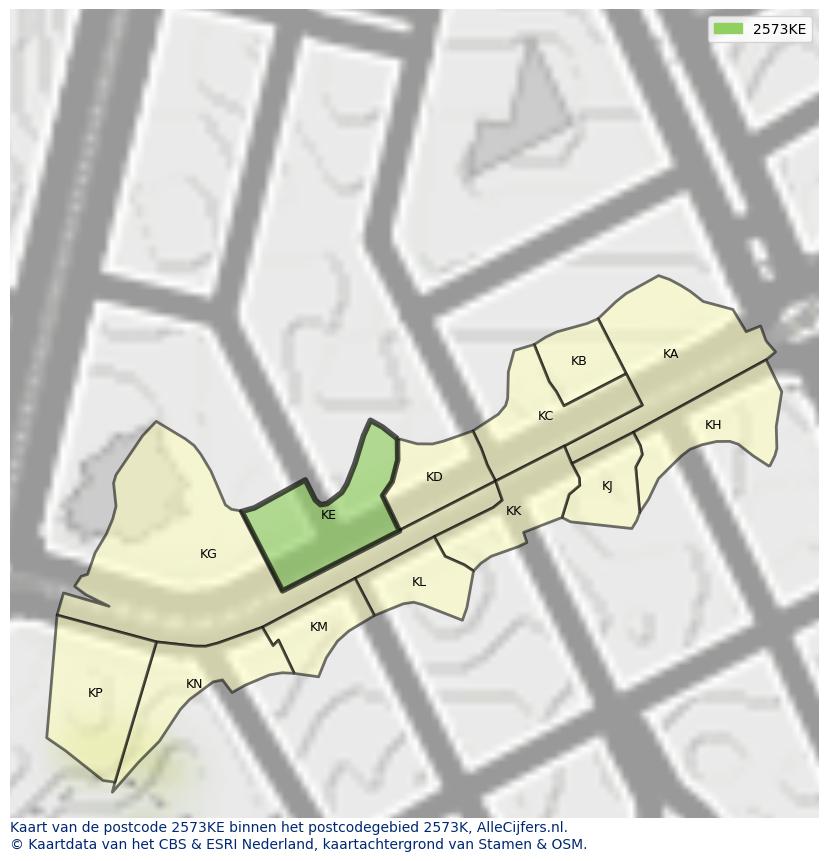 Afbeelding van het postcodegebied 2573 KE op de kaart.
