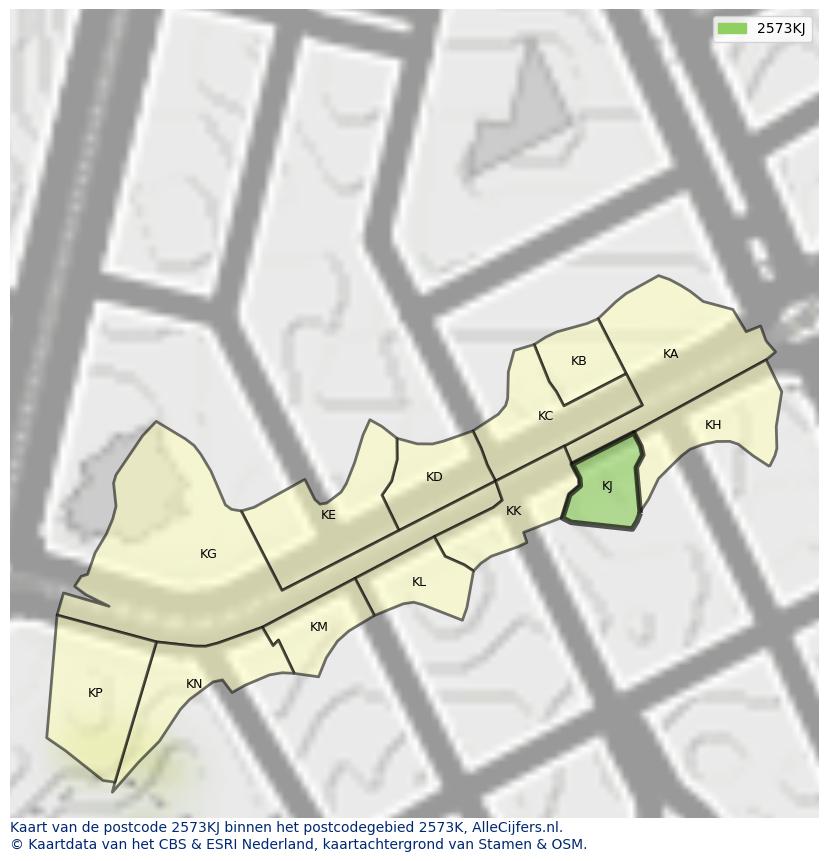 Afbeelding van het postcodegebied 2573 KJ op de kaart.