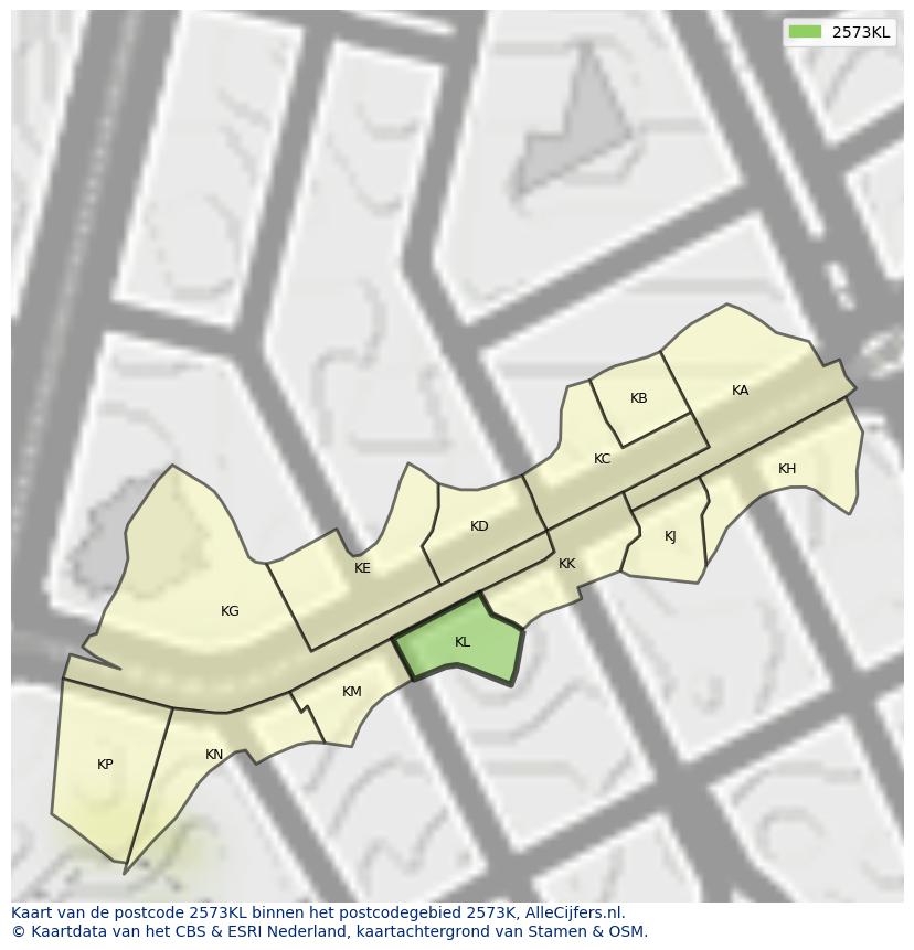 Afbeelding van het postcodegebied 2573 KL op de kaart.