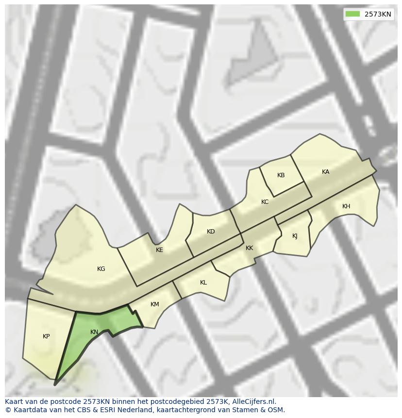 Afbeelding van het postcodegebied 2573 KN op de kaart.