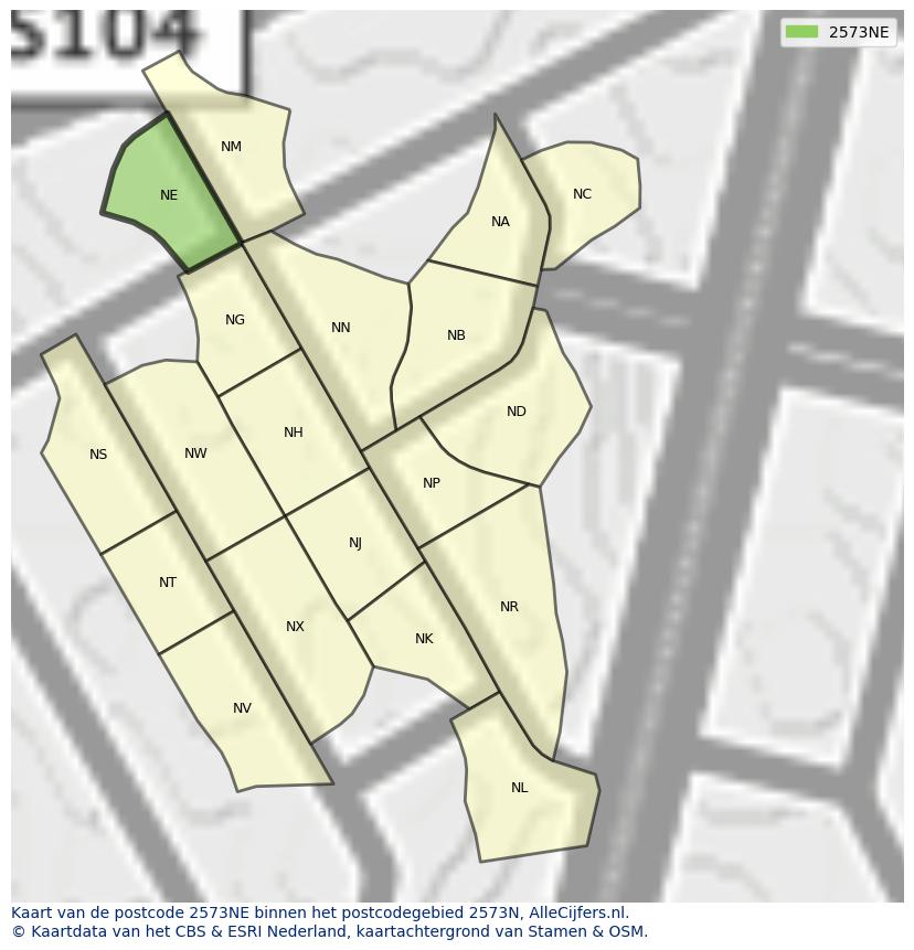 Afbeelding van het postcodegebied 2573 NE op de kaart.