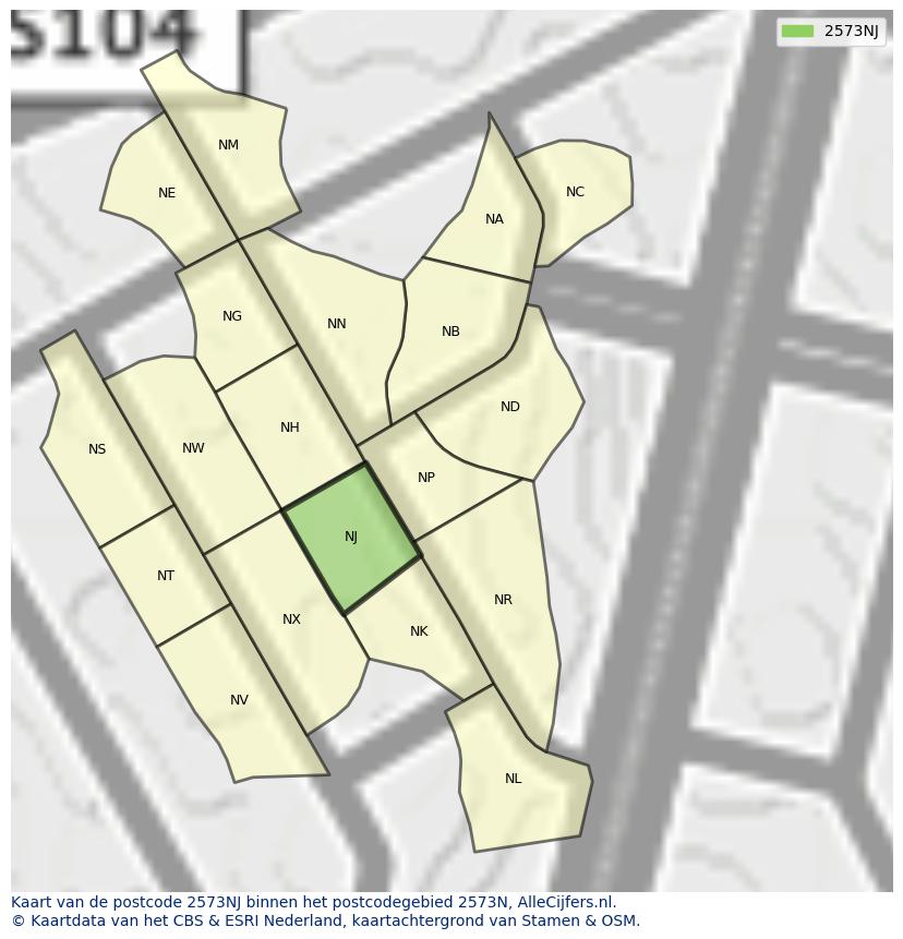 Afbeelding van het postcodegebied 2573 NJ op de kaart.