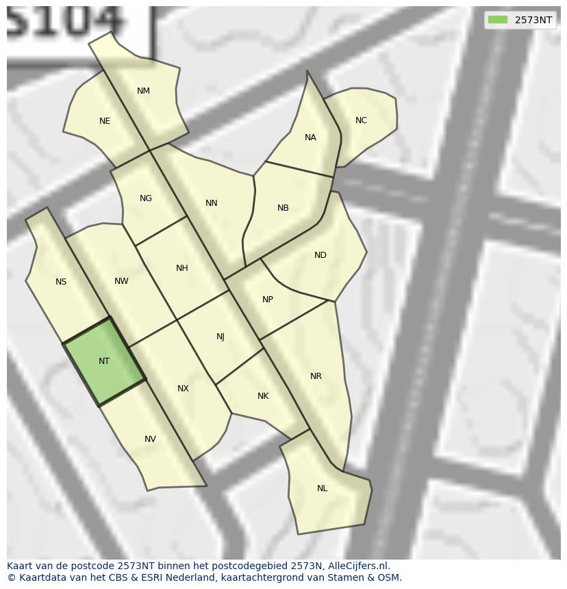 Afbeelding van het postcodegebied 2573 NT op de kaart.