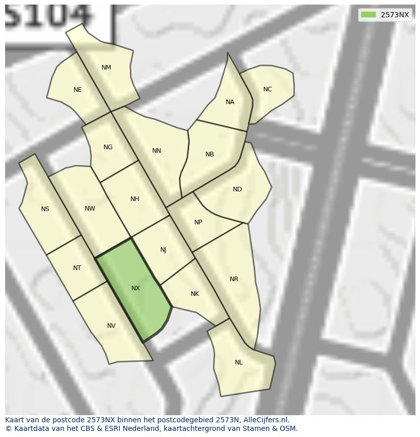 Afbeelding van het postcodegebied 2573 NX op de kaart.