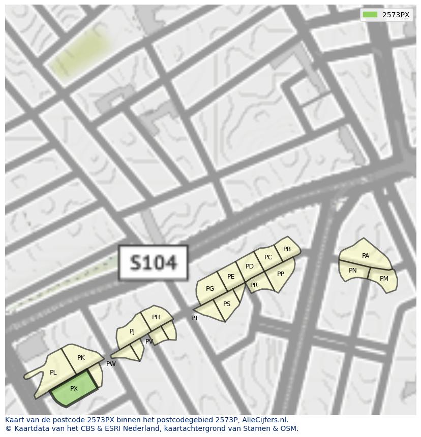 Afbeelding van het postcodegebied 2573 PX op de kaart.