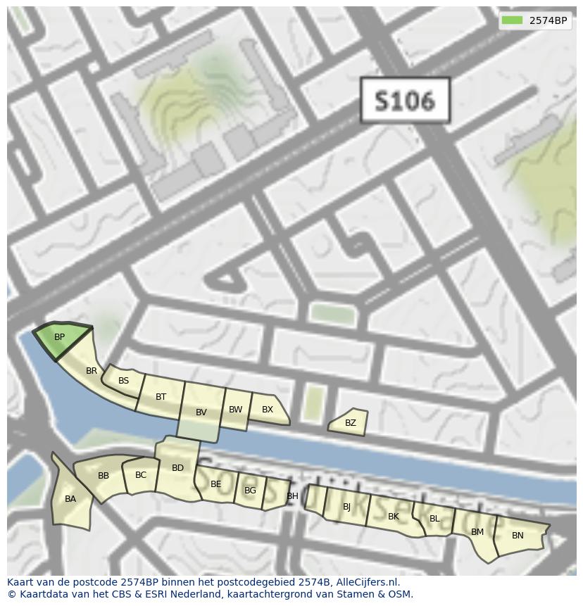 Afbeelding van het postcodegebied 2574 BP op de kaart.