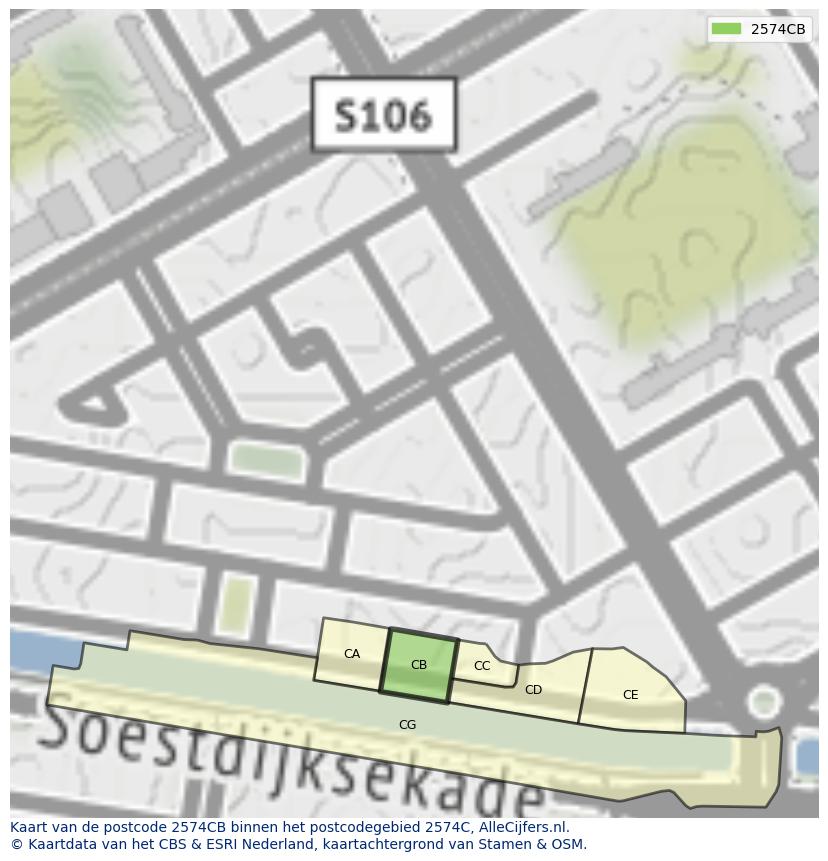 Afbeelding van het postcodegebied 2574 CB op de kaart.
