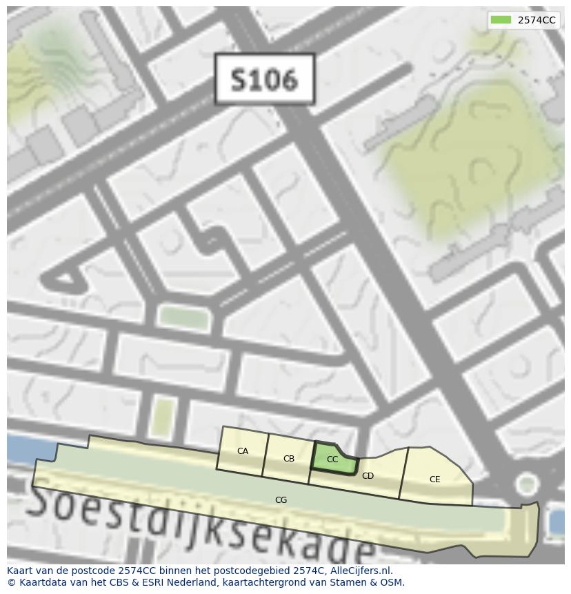Afbeelding van het postcodegebied 2574 CC op de kaart.