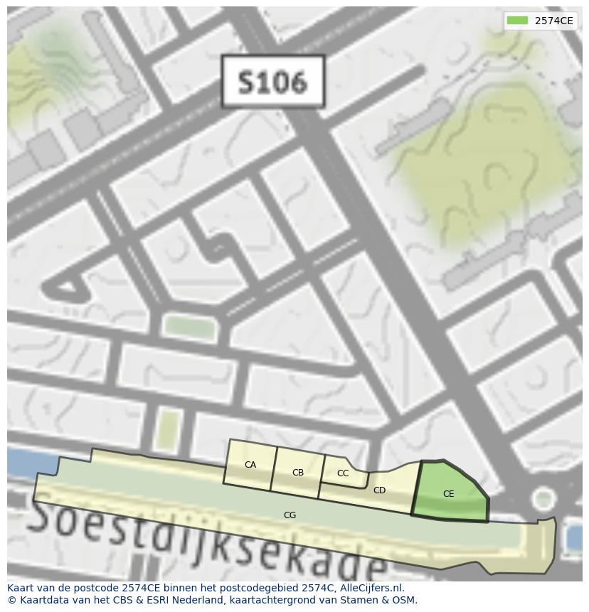 Afbeelding van het postcodegebied 2574 CE op de kaart.
