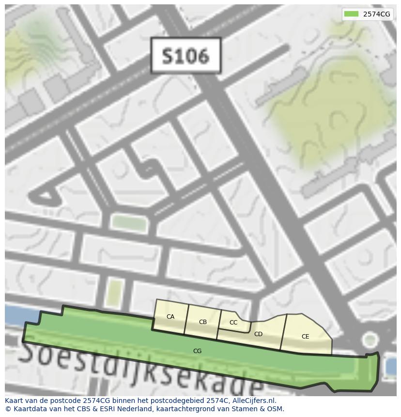 Afbeelding van het postcodegebied 2574 CG op de kaart.